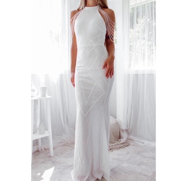 White Sequin dress with Bead Detail Shoulder - Picture 8 of 12